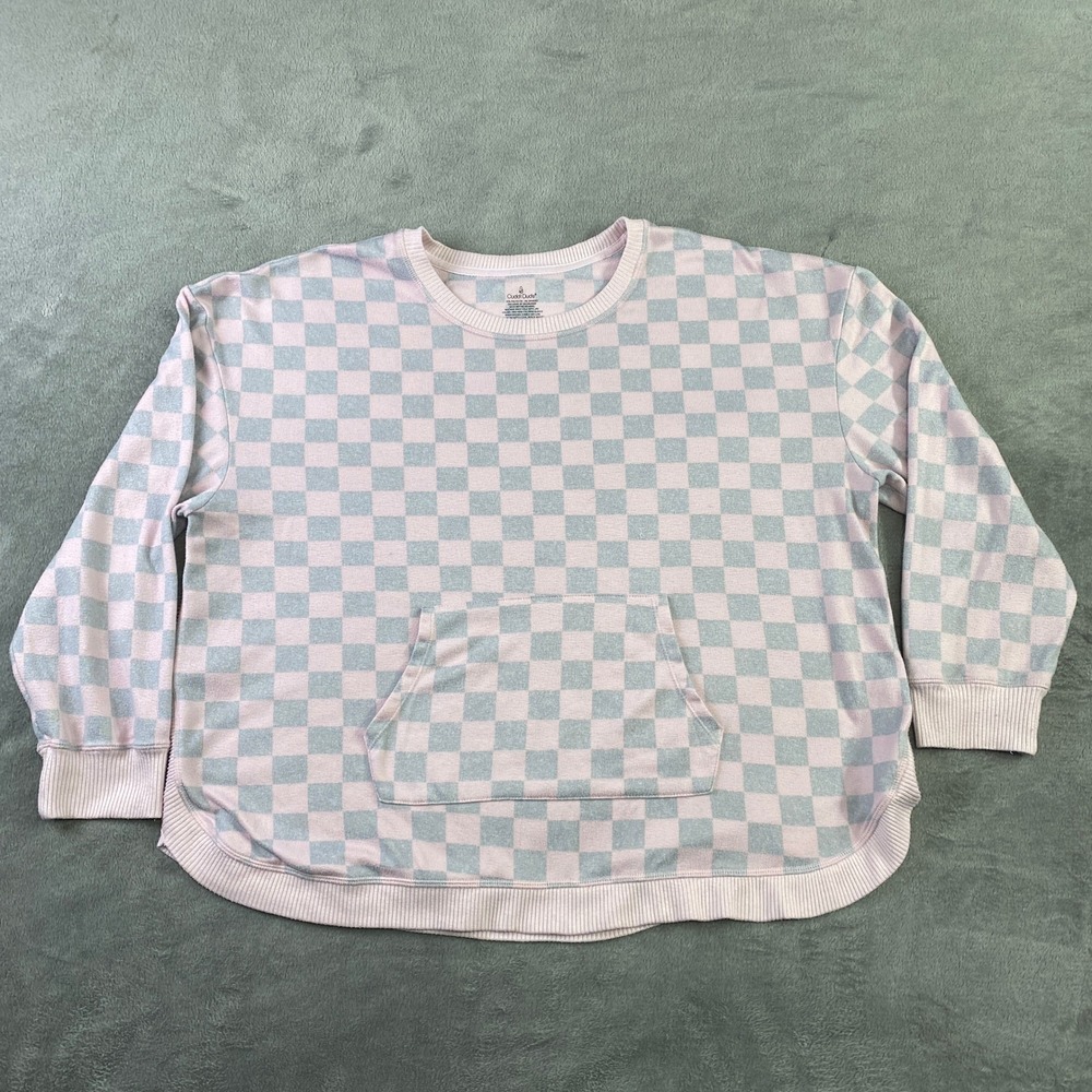 Cuddl Duds Checkerboard Long Sleeve Sweatshirt Pink Blue Pullover Pocket XXL